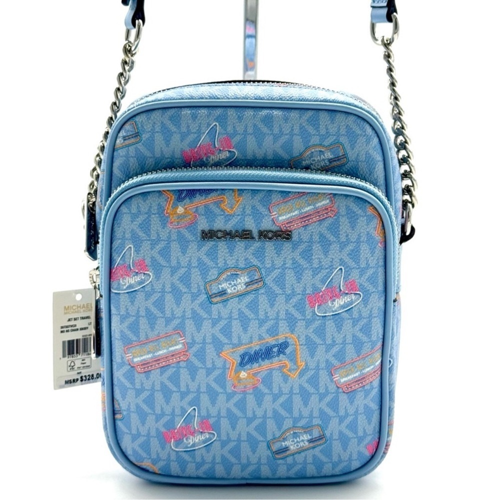 Michael Kors Jet Set Medium Printed Signature Logo Crossbody Bag Light Sky Blue - Picture 2 of 11